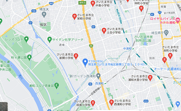 白山乃愛ちゃんが通っていたKEIKO BALLET STUDIO (ケイコバレエスタジオ）の近くにある小学校の地図